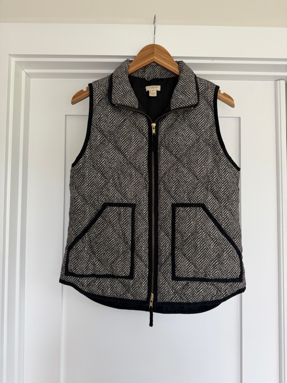 J. Crew Black & Ivory Herringbone Quilted Vest